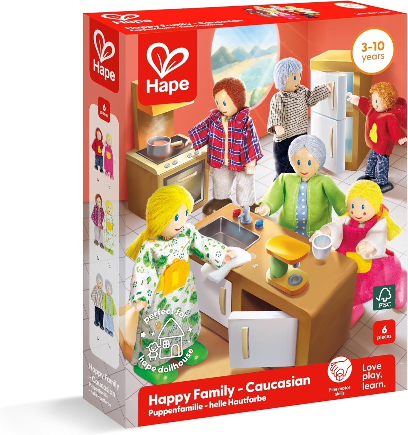Hape Doll Family Prisbelönt dockskåpsset, unika trädockortillbehör, fantasifull lek, 6 dockfamiljemedlemmar från 3 år och uppåt