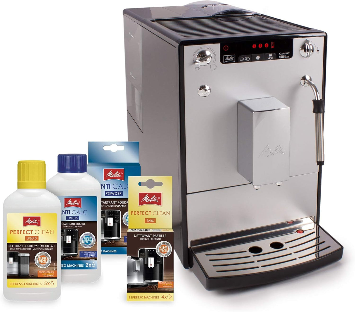 Melitta Solo & Milk - helautomatisk slim kaffemaskin med mjölkskummare, kaffemaskin med avtagbar vattentank, t.ex. kaffe eller cappuccino, silver