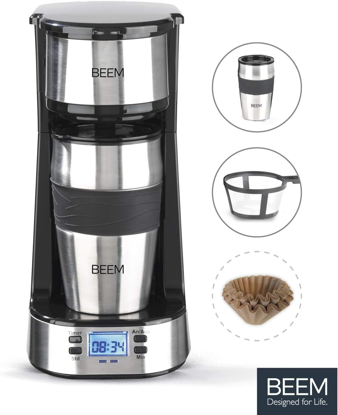 BEEM THERMO 2 GO enkelfilter espressomaskin med 0,4 l termokopp | Permanent filter | Med 24-timmars timer för en varm kopp kaffe på morgonen, ingen väntan | 750 W