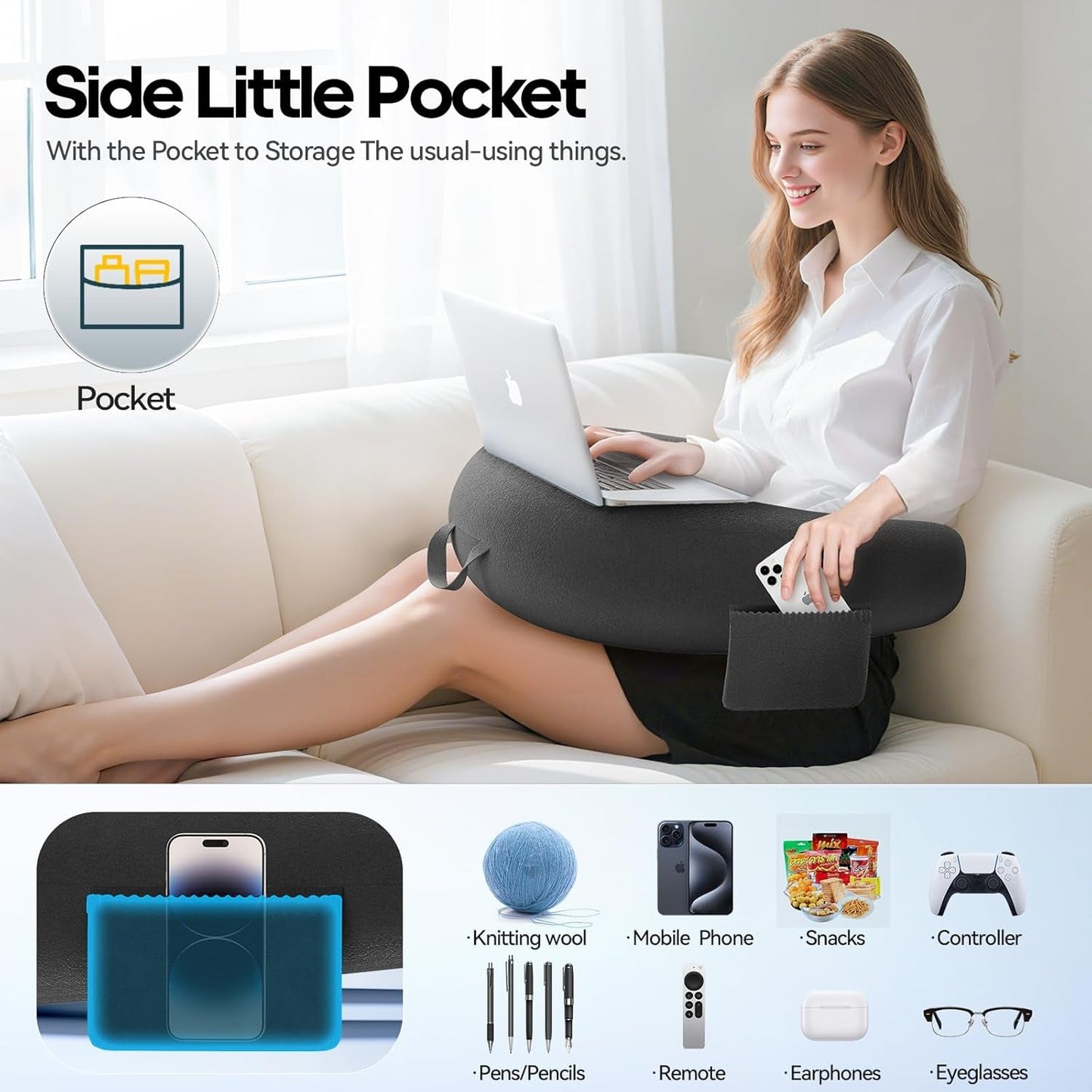 Spel- och läskudde, Läskudde för säng/soffa/golv, matning/virkad kudde med stor ergonomisk spelkudde, Gamerkudde för iPad/laptop - svart