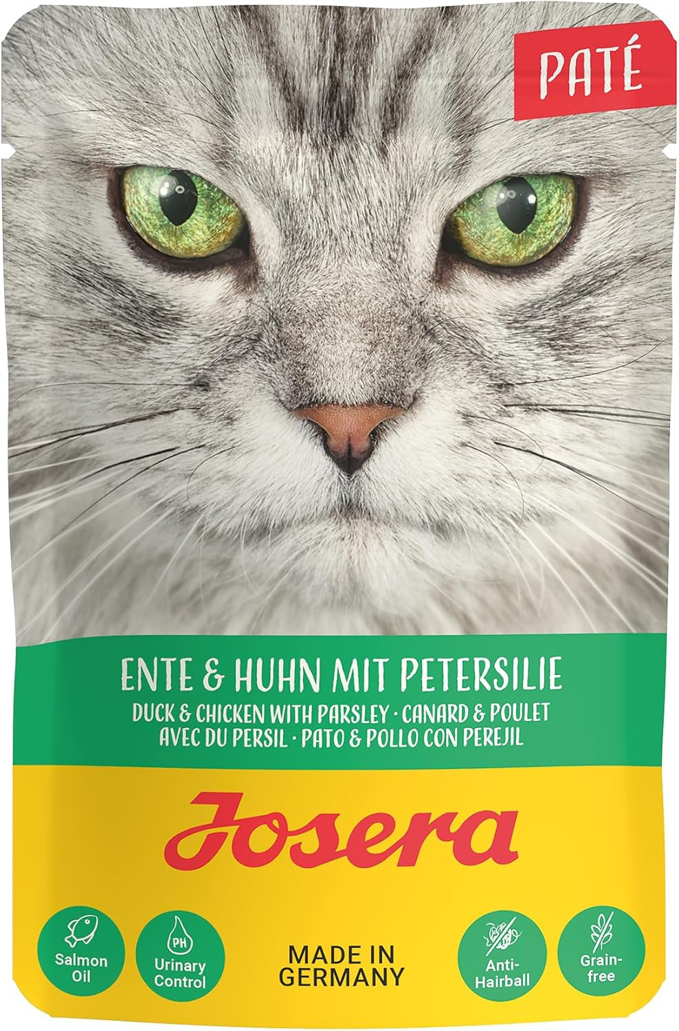 JOSERA Anka- och kycklingpastej med persilja (16 x 85 g) | Vuxen | Premium våtfoder för vuxna katter | Duck and chicken pate | Laxolja | Inga korn | Våt kattmat i färska påsar | Paket om 16