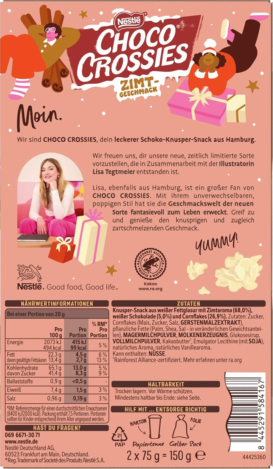 Nestlé kanel lätt krispiga flingor och krispiga mandlar täckta i en smält-i-munnen vit glasyr och kanelsmak, förpackning med 4 (2 x 75 g vardera)
