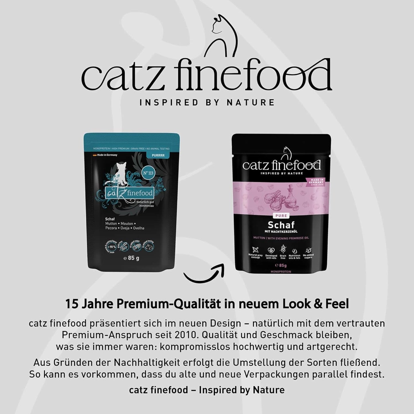 Våtfoder för katter Catz Finefood Purrrr Får Monoprotein nr. 113, för katter med känslig matsmältning, 70 % kötthalt, 16 påsar à 85 g vardera