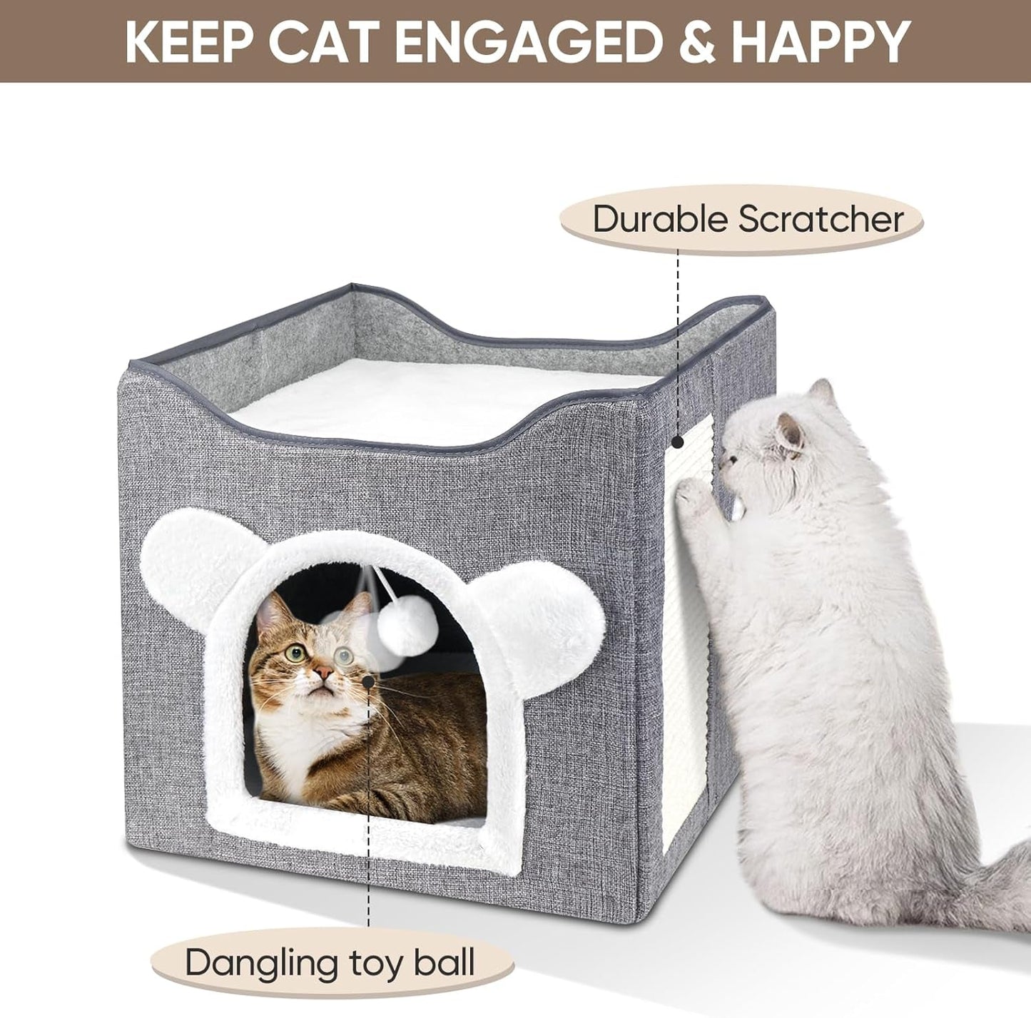 Katzenbetten für Indoor Katzen, Faltbares Katzenhaus, Katzenhöhle 2 Schicht Würfel Großer Raum Katzenbett mit Kratzbrett und Spielball, 15,8 x 15,8 x 15tum