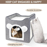 Katzenbetten für Indoor Katzen, Faltbares Katzenhaus, Katzenhöhle 2 Schicht Würfel Großer Raum Katzenbett mit Kratzbrett und Spielball, 15,8 x 15,8 x 15tum