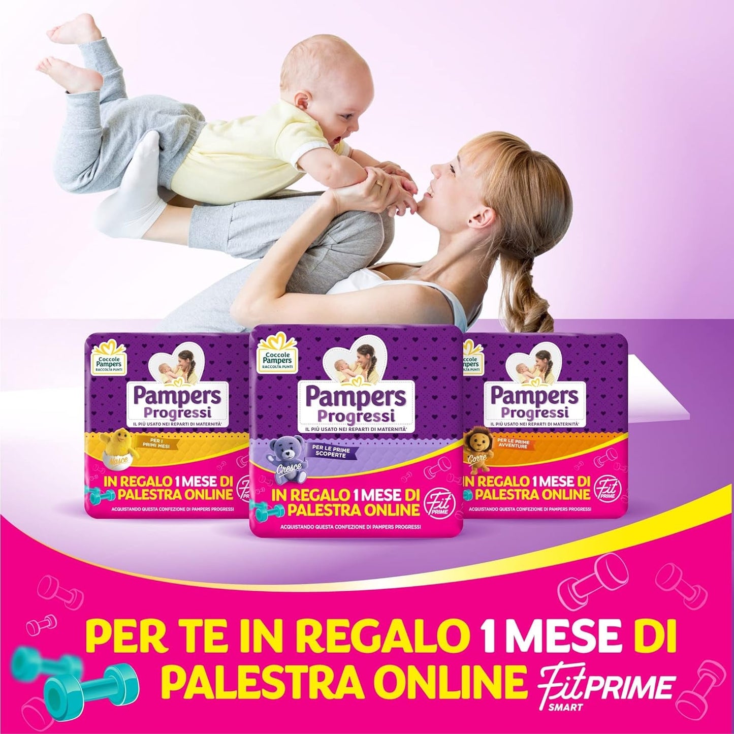 Pampers Progressi & Fit Prime Midi-blöjor, kortformat, 162 blöjor, storlek 3 (4-9 kg), onlinemedlemskap på gymmet i 1 månad som gåva