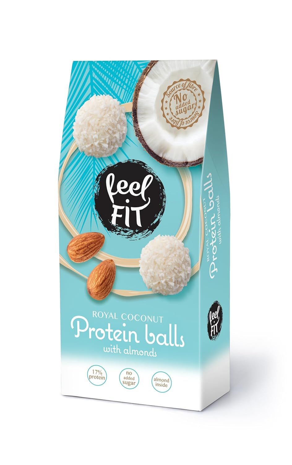 Sockerfria kokospraliner med mandel, feel FIT, utan tillsatt socker, 17% protein, 63 g