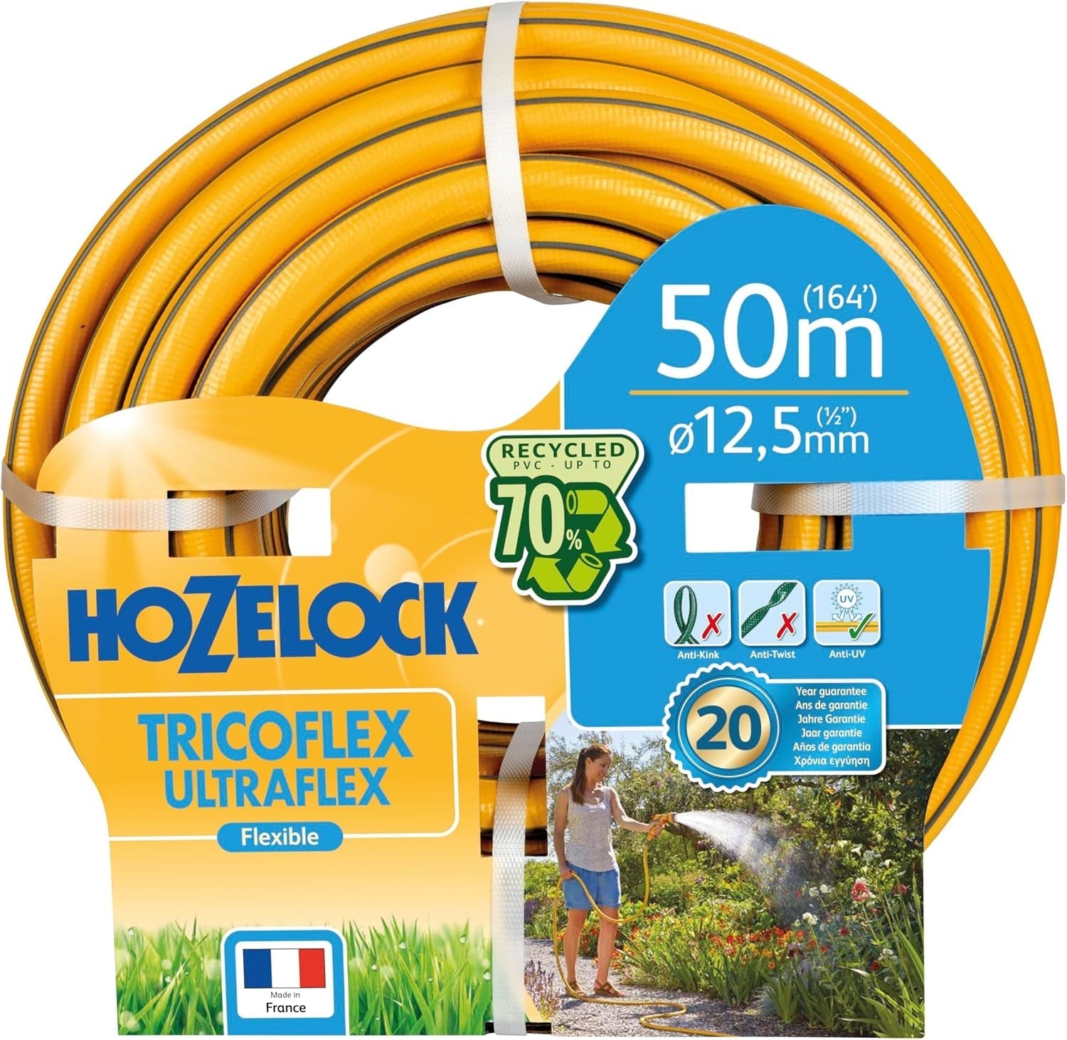 HOZELOCK - Tricoflex Ultraflex slang Ø 12,5 mm (1/2") 20 M: Flexibel trädgårdsslang, väderbeständig, vrid- och böjbeständig, tillverkad av 40 % återvunnen PVC [117002], gul