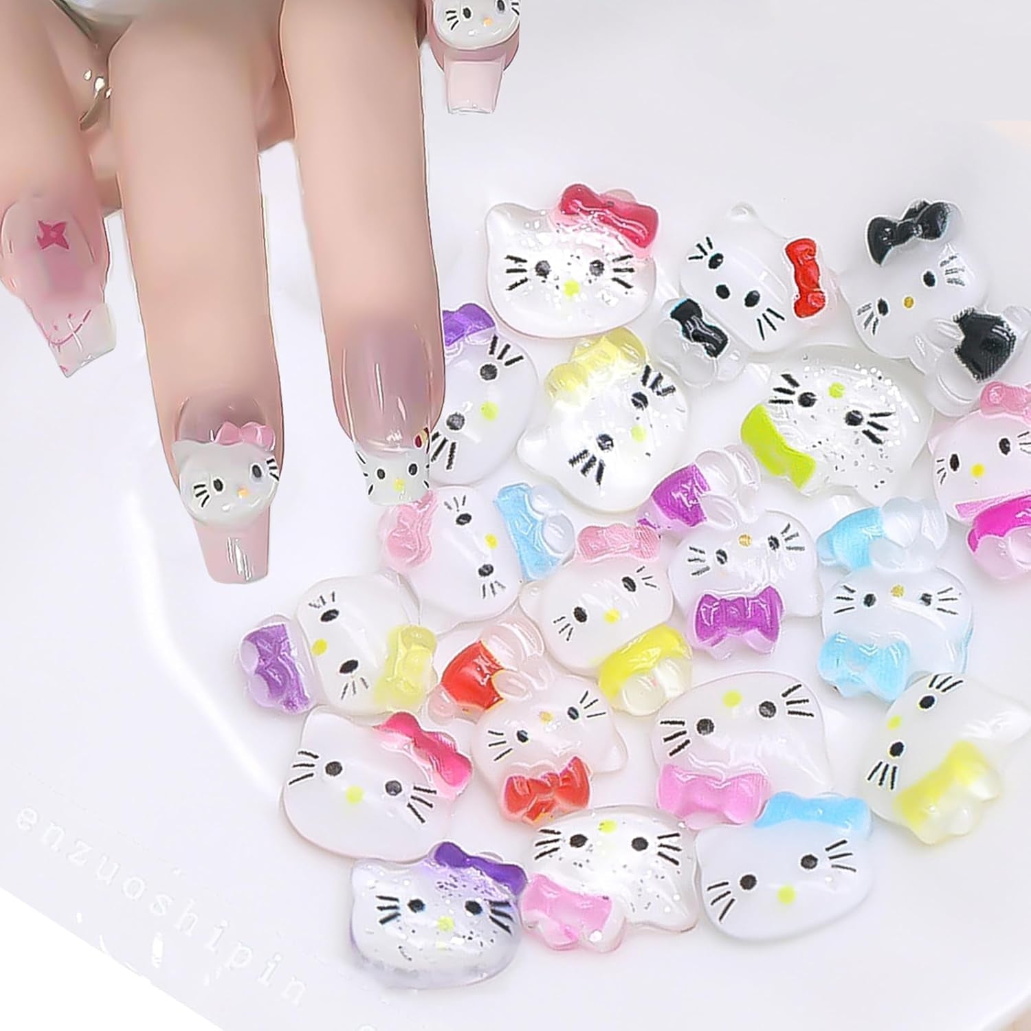 3D-kattens nagelklistermärken, nagelglitter, paljetter, nagelklistermärken i harts, nagelstenar, diamanter för nagelkonst, inklusive strass nagelvaxstift (färgglad katt)