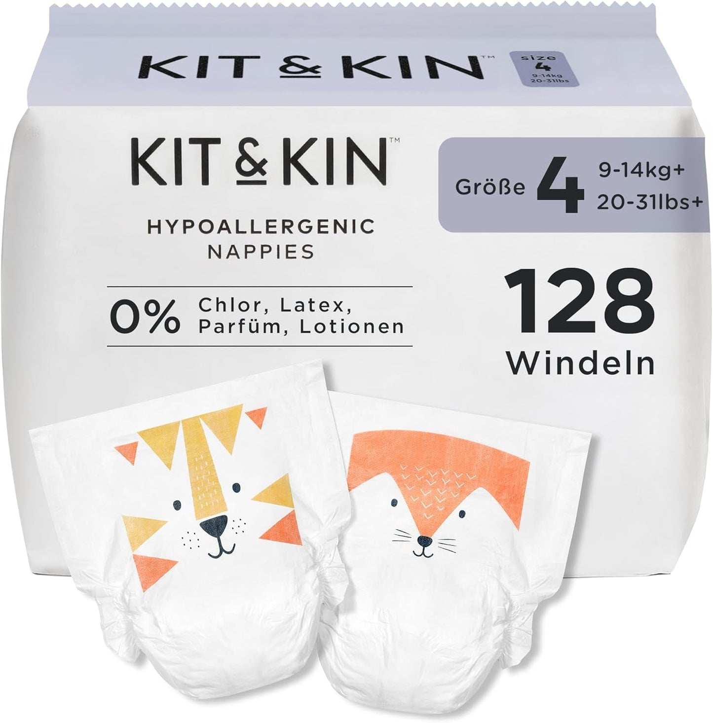 Kit & Kin Premium blöjor, storlek 4 (9-14 kg), 128 antal, växtbaserade och allergivänliga, tillförlitligt läckskydd, vegan och grymhetsfri