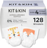 Kit & Kin Premium blöjor, storlek 4 (9-14 kg), 128 antal, växtbaserade och allergivänliga, tillförlitligt läckskydd, vegan och grymhetsfri