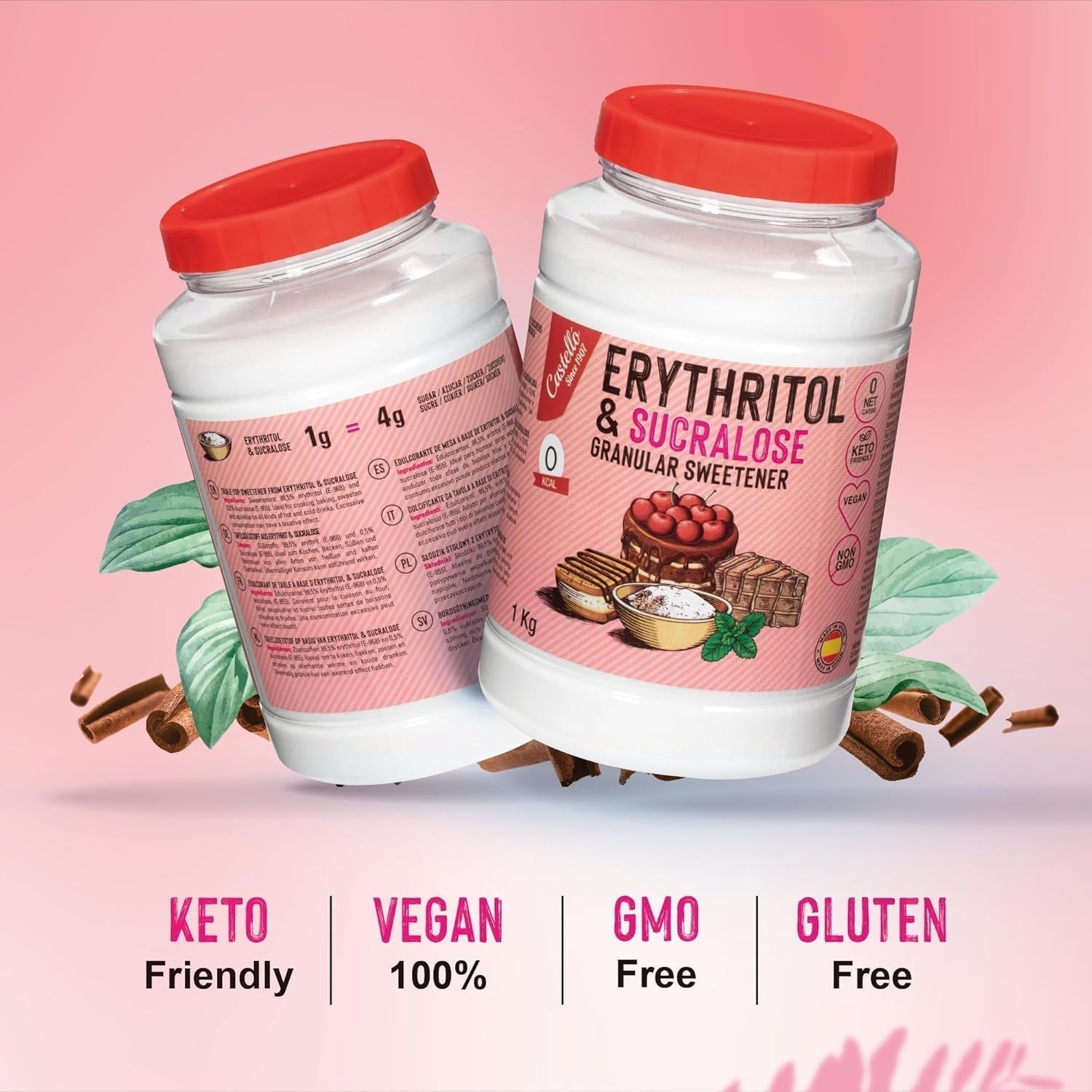 Erytritol + Sukralos 1:4 Süßstoff | 1G = 4G Zucker | 0 Netto-Kohlenhydrat - 0 Kalorien - 0 Glykämischer Index - Keto - Kein GVO - Castello sedan 1907 - 1 Kg Sötningsmedel Naty Shop