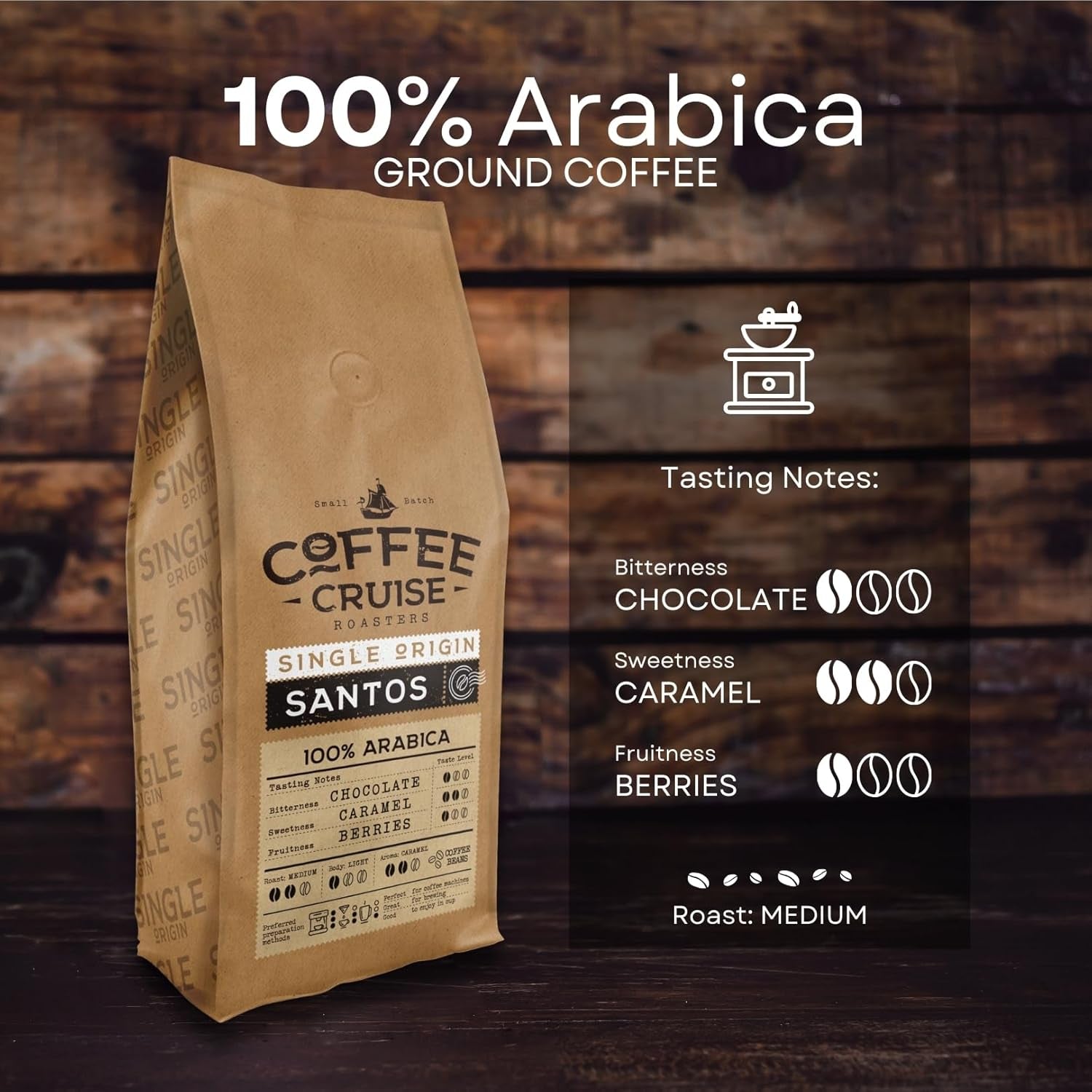 COFFEE CRUISE Santos Kaffeebohnen 1kg - Mittlere Röstung - Aroma Caramel - Für All Kaffeemaschinen - 100% arabiska