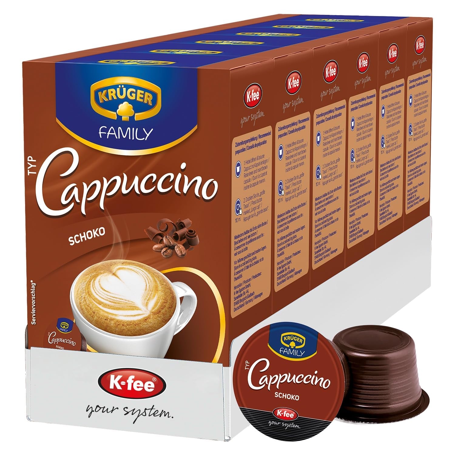 KRÜGER Cappuccino Schoko kaffekapslar, kompatibla med K-fee och ALDI EXPRESSI* Kapselmaschinen, smaksatt snabbkaffe, 96 kapslar