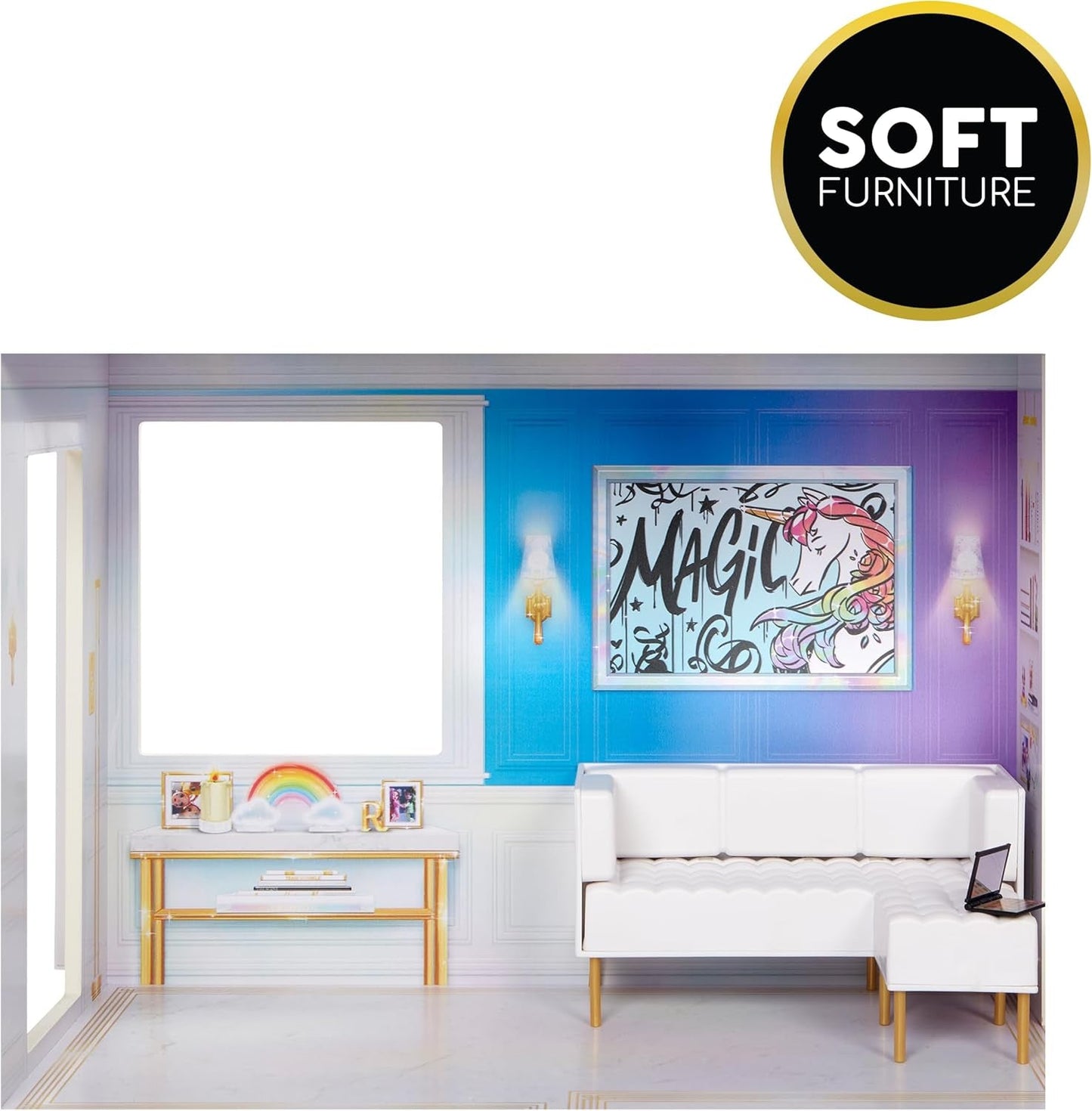 Rainbow High Townhouse - 3-vånings dockhus i trä med 5 färgglada rum och terrass - Fullt möblerat hus med hiss och funktionella tillbehör - Leksak för barn 4-12+ år Naty Shop Dollhouses