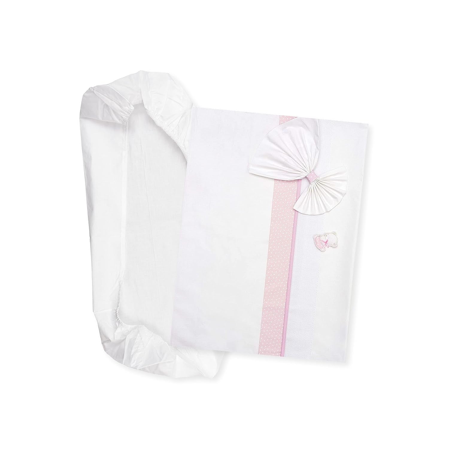 Vitt och rosa sängkläder för bärsäng, 1 underlakan, 1 överlakan med Aida-bandbroderi och 1 örngott, 100 % bomull, tillverkad i Italien Naty Shop Täcken och täcken Rosa