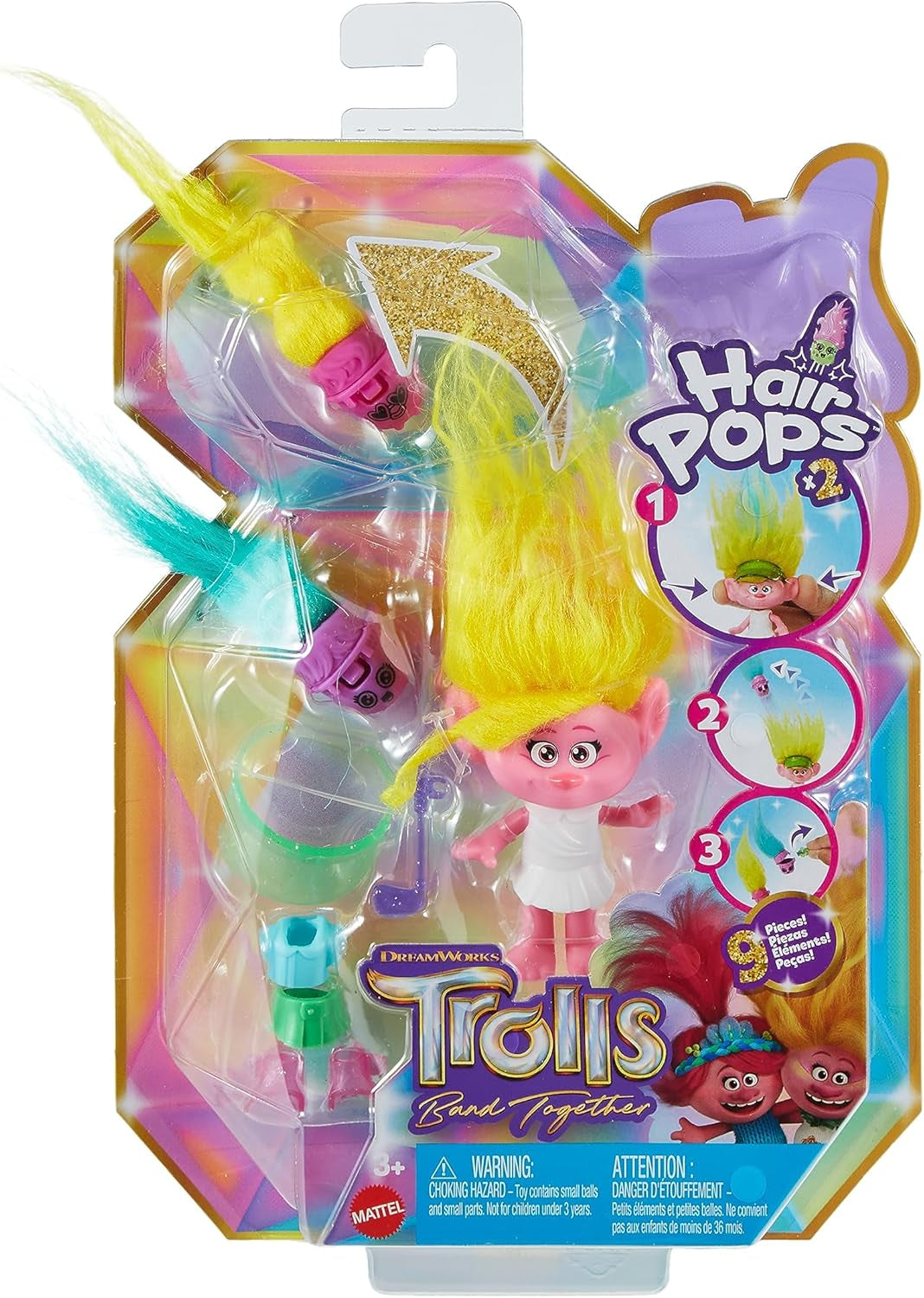 Mattel DREAMWORKS TROLLS United We Stand - Håriga överraskningar Viva Doll med ljusgult plyschhår och 3 överraskningstillbehör, för barn från 3 år och uppåt, HNF11