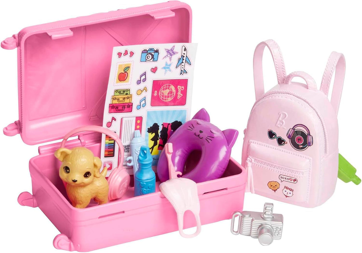 Barbiedocka, resebarbie med blont hår, 10+ resetillbehör, klistermärken, resväska, valp, innehåller 1 docka, barnpresent, leksak från 3 år och äldre, HJY18