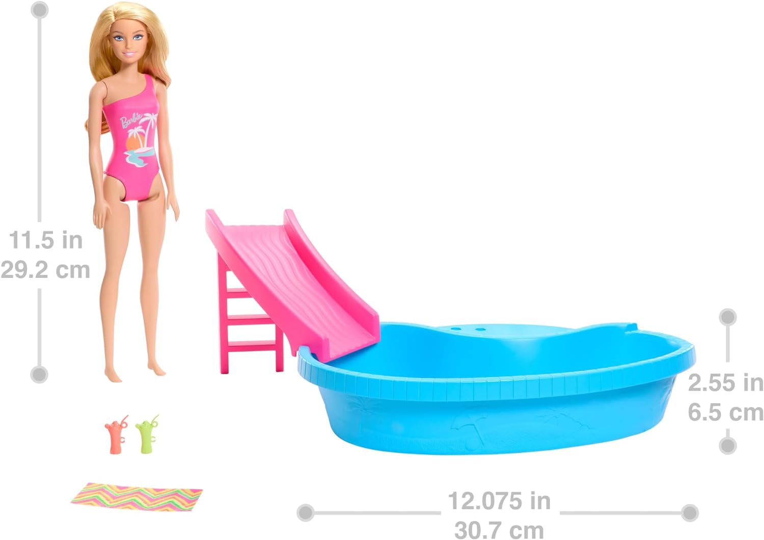 Barbiedocka och tillbehör - pool med rutschkana och tillbehör för timmar av nöje i solen, rosa baddräkt med tropisk design, för barn från 3 år, HRJ74 Naty Shop Dollhouses