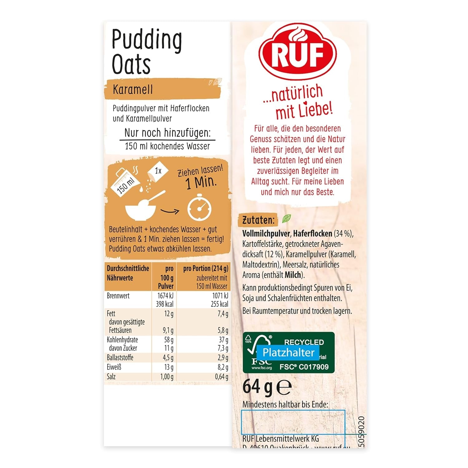 Caramel Oat Pudding, en harmonisk blandning av kolapudding och fullkornshavre, sockerfri, sötad med agavesirap, 1 påse x 64g (4-pack)