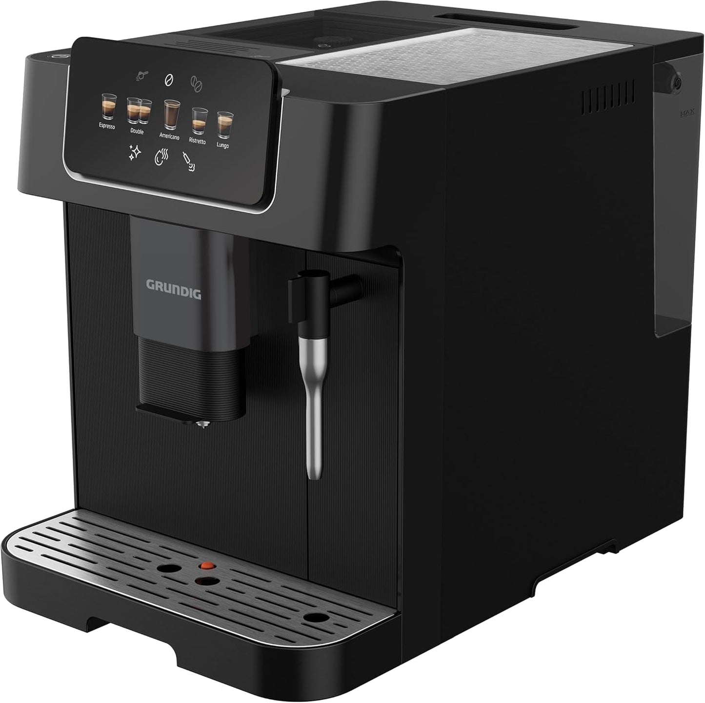 GRUNDIG KVA 6230 helautomatisk espressomaskin med mjölkskummare, rostfri kvarn med 13 malningsinställningar, bönbehållare 250 g, avtagbar vattentank 2 liter, pumptryck 19 bar, pekskärm, svart