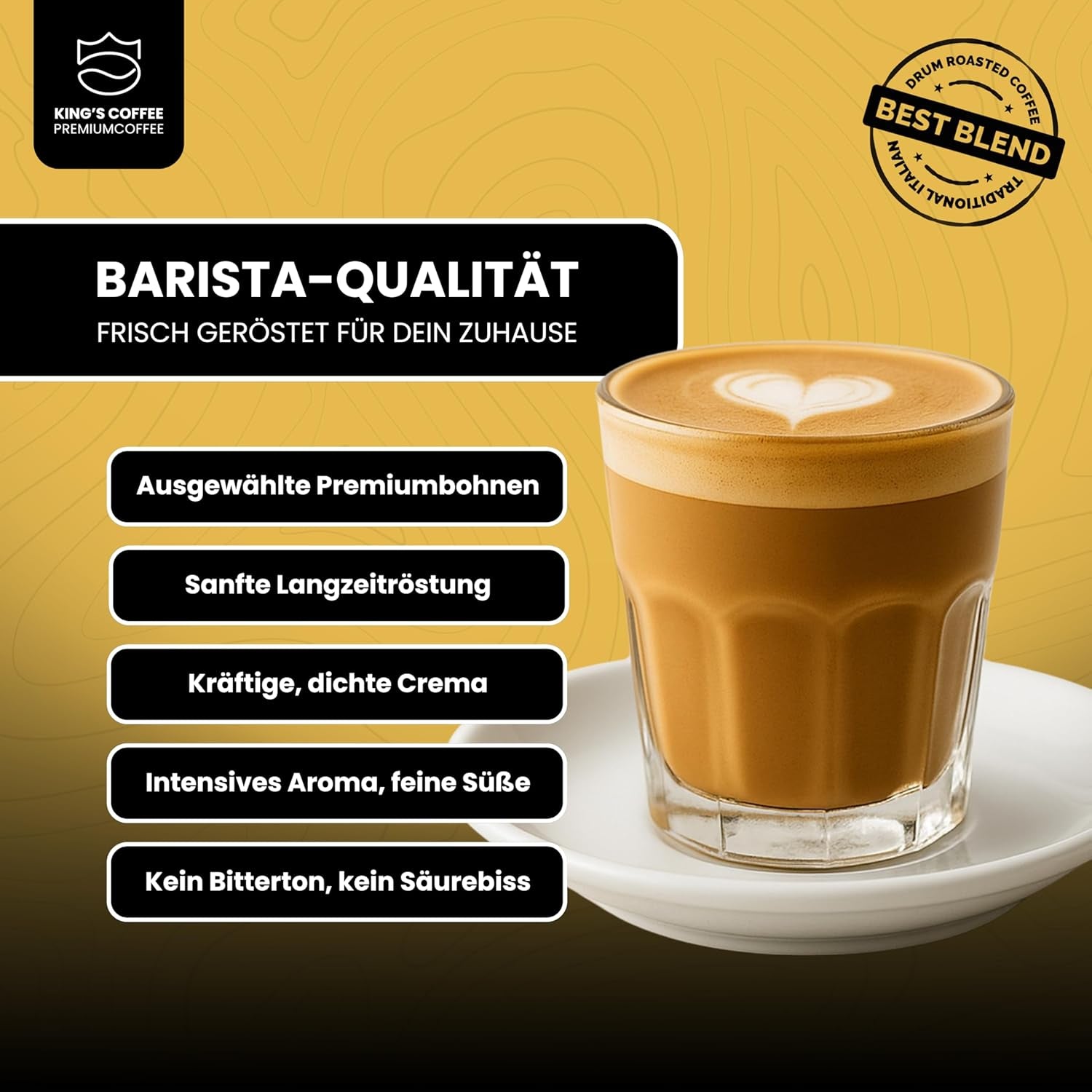 KING'S COFFEE - SPECIALROSTA - 1 kg Barista Premium Espressobönor - Kaffe med låg syrahalt - Liten satsrostning i Italien - Den finaste Arabica-Robusta-blandningen för helautomatiska och portafiltermaskiner