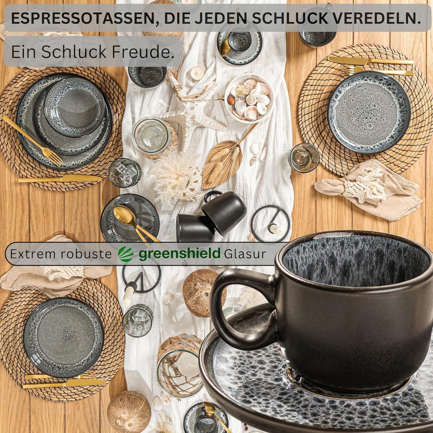 SANGER Sydney | Keramiska espressokoppar med 12 st, mockakoppar för 6, koppar och fat, diskmaskin och mikrovågssäker, mörkgrå, 80 ml | VÄRDESAMLING