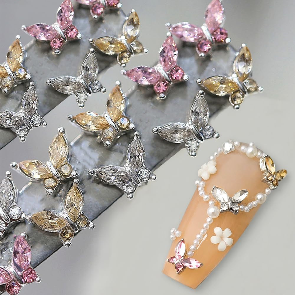Mini Butterfly Zircon Nail Nyckelringar Y2K Vit Champagne Rosa Rhinestone Crystal Butterfly Nyckelringar Nails 3D Butterfly Nail Design Nyckelringar Butterfly Nails Dekoration Nail Art Nyckelringar Nageltillbehör