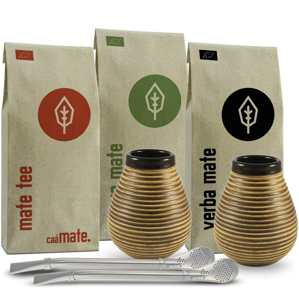 Mate-te-servis för två, ekologisk ● 2 Mate-koppar + 2 bombillas + 300 g Mate-te + tillagningsinstruktioner
