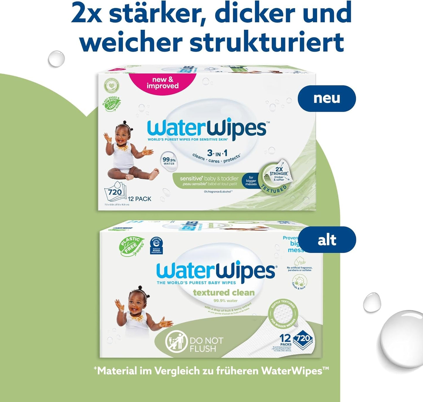 WaterWipes Sensitive+ våtservetter för baby och småbarn, 720 Count (12-pack), 3-i-1 rengöring, vård, skydd, 99,9 % vatten, texturerad rengöring, parfymfri
