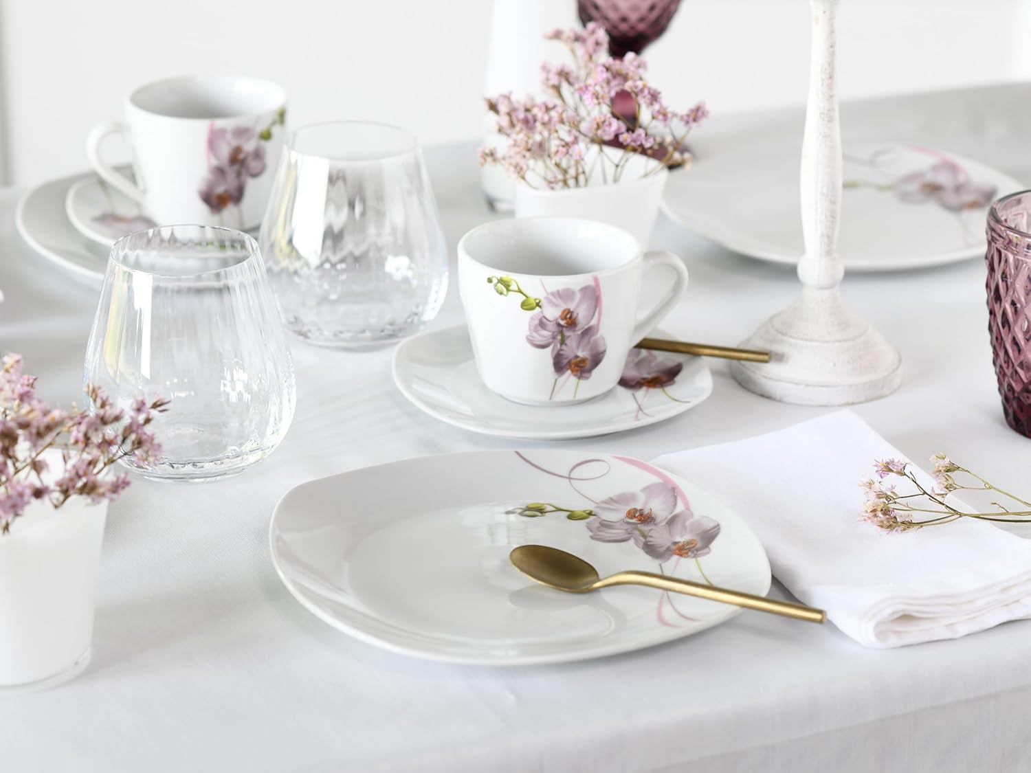 CreaTable, 24024, Square Orchid Series, 18-delat servisset för 6, porslinskaffe, diskmaskin och mikrovågssäker, kvalitetstillverkning