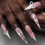 Mouyouglow Långa naglar Stiletto Milky White Gradient Rosa Glitter Coola falska naglar med lim Rosa Ombre Glitter konstgjorda naglar