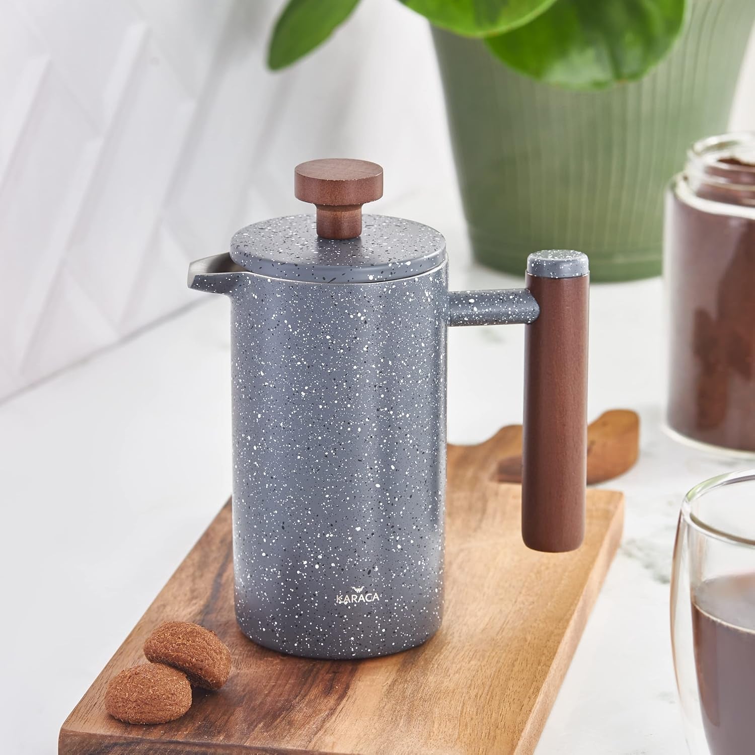 KARACA Marmor dubbelvägg fransk press med kastanjehandtag - isolerad fransk press för kaffe - Hemresor Camping kaffebryggare - 350 ml - mörkgrå