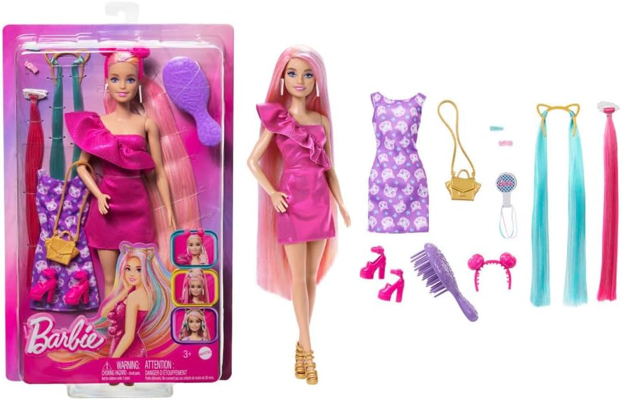 Barbie Totally Hair - Docka med extra långt regnbåghår som är lätt att styla och 10 mode- och stylingaccessoarer, färgblock prickig klänning, för åldrarna 3 och uppåt, HKT96