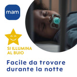 MAM Air Nattnapp 6-16 månader (2-pack) MAM-napp 6-16 månader, glöd i mörkret för känslig hud, babytillbehör 2-pack med silikonnapp och napphållare, neutral/grön
