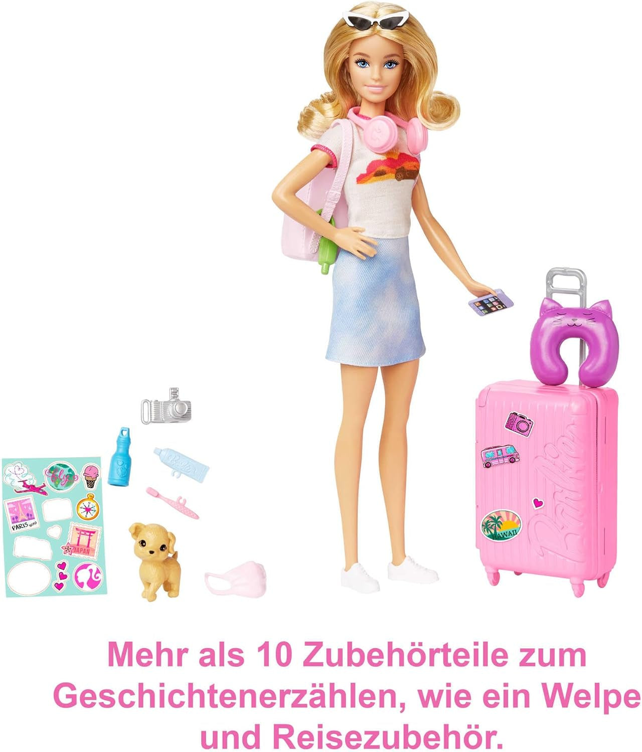Barbiedocka, resebarbie med blont hår, 10+ resetillbehör, klistermärken, resväska, valp, innehåller 1 docka, barnpresent, leksak från 3 år och äldre, HJY18