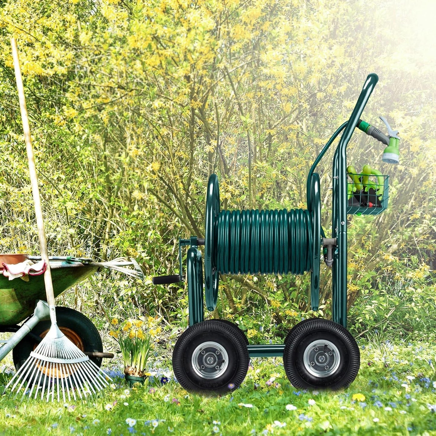Relaxdays slangvagn, upp till 90 m, 4 pneumatiska däck, klickkoppling, metallslangupprullare, slangfördelare med korg, grön