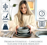 Steingut Geschirrset 6 Personen Rustik 24 tlg. TESTSIEGER, Hochwertiges Landhaussttil Steingut Geschirr Set, Schüssel- und Teller Set, Tafelservice 6 Personen, Geschirrsets Pure Living in Rauchblau