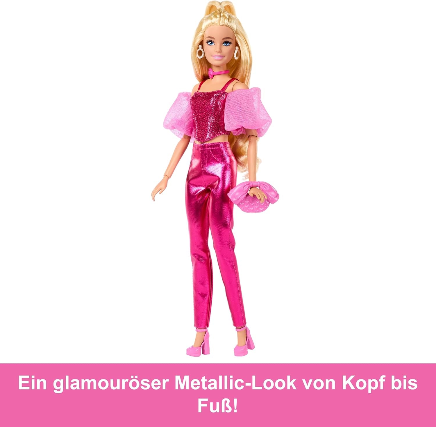 Barbie Deluxe Style #5 docka i en metallisk rosa blond outfit med en gnistrande överdel och gnistrande byxor, med tillbehör inklusive ett rosa halsband och en handväska, JFP40