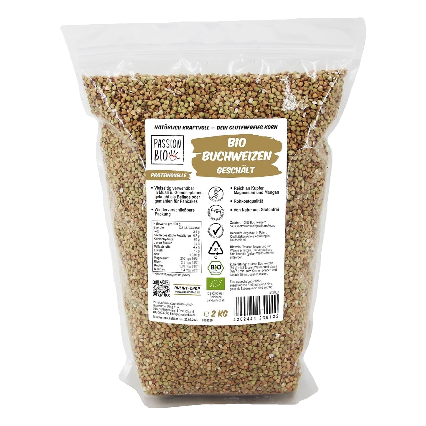 PassionBio ekologiskt bovete 2 kg - återförslutbar förpackning - rå matkvalitet