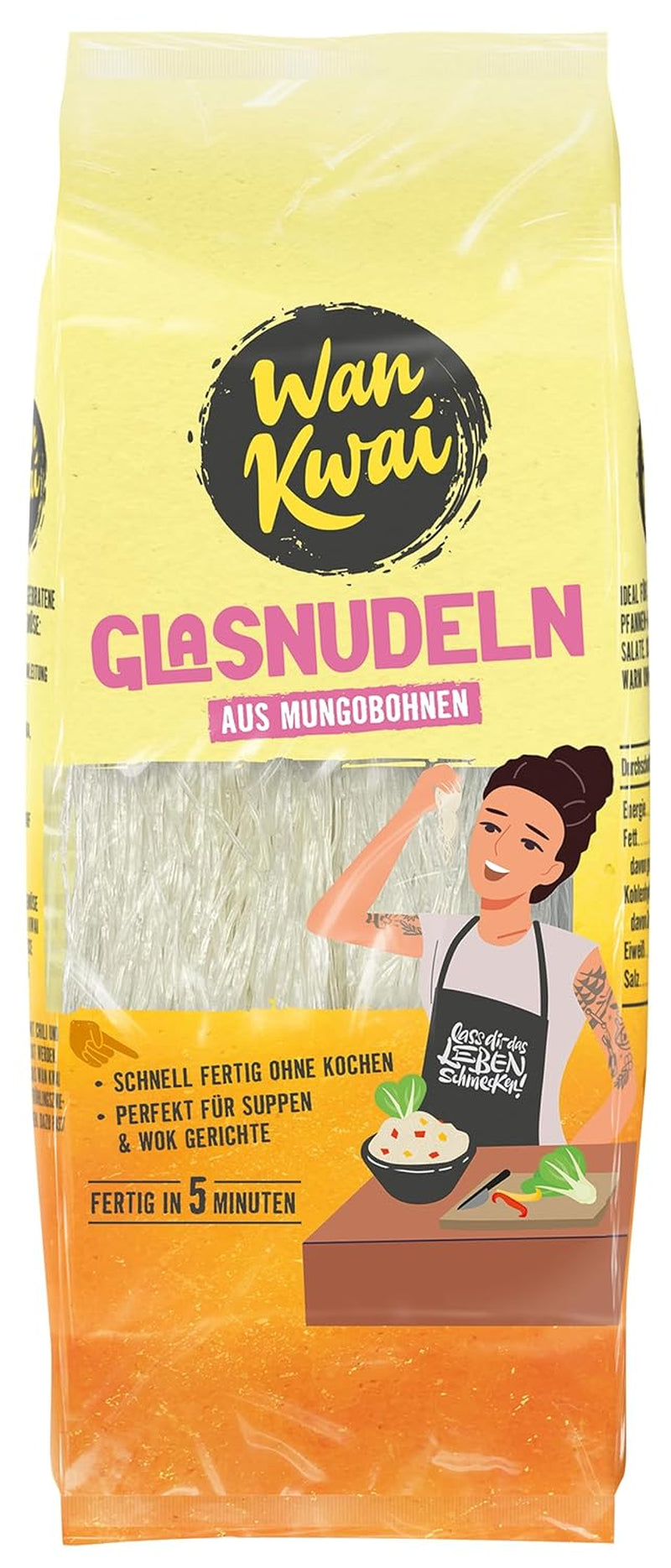 Wan Kwai glasnudlar 100 g – asiatisk gourmetvariant! Glutenfri, gjord av mungbönsstärkelse och vatten. Perfekt för soppor, wokrätter och sallader. Delikat konsistens, klar på 5 minuter.