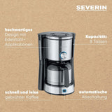SEVERIN "TypeSwitch" espressomaskin med termokanna, AromaSwitch för att välja mellan 2 bryggprofiler, kaffemaskin för upp till 10 koppar, 1000W, borstat rostfritt stål-svart, KA 4845