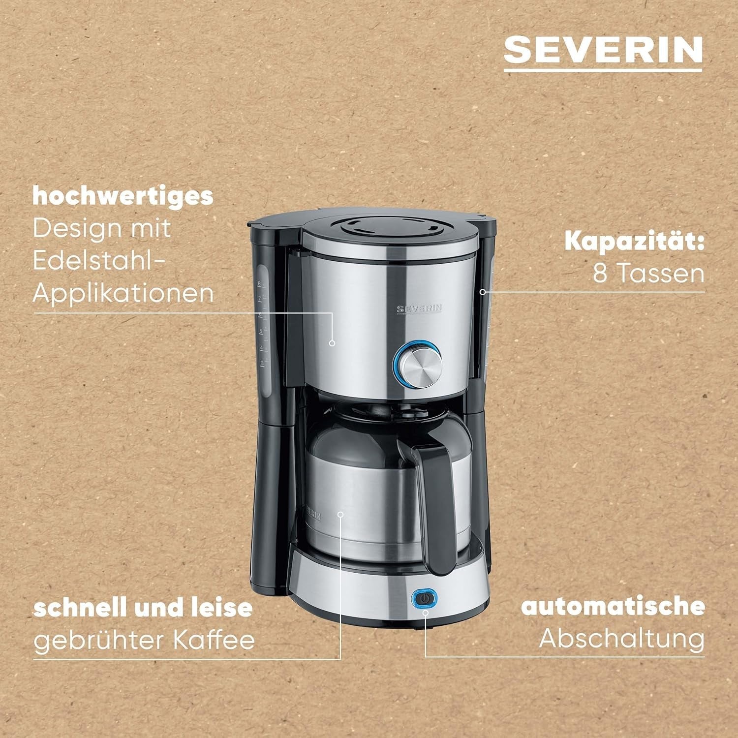 SEVERIN "TypeSwitch" espressomaskin med termokanna, AromaSwitch för att välja mellan 2 bryggprofiler, kaffemaskin för upp till 10 koppar, 1000W, borstat rostfritt stål-svart, KA 4845