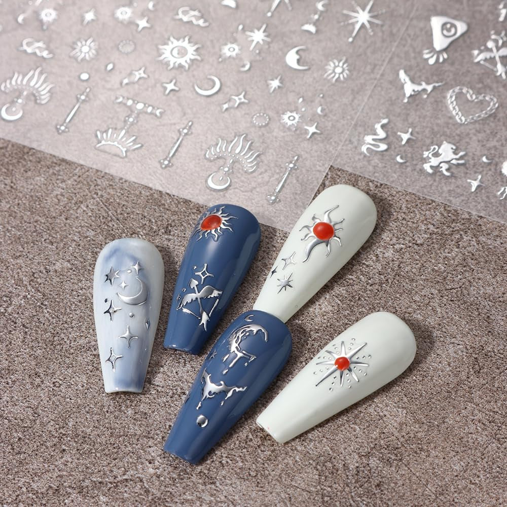 3D silvermetalliska nagelklistermärken, nagelklistermärken för kvinnor, stjärna, måne, sol, nagelfolie, självhäftande klistermärken, fjärilsnagelklistermärken, nagelklistermärken, nageldesigntillbehör, 8 st