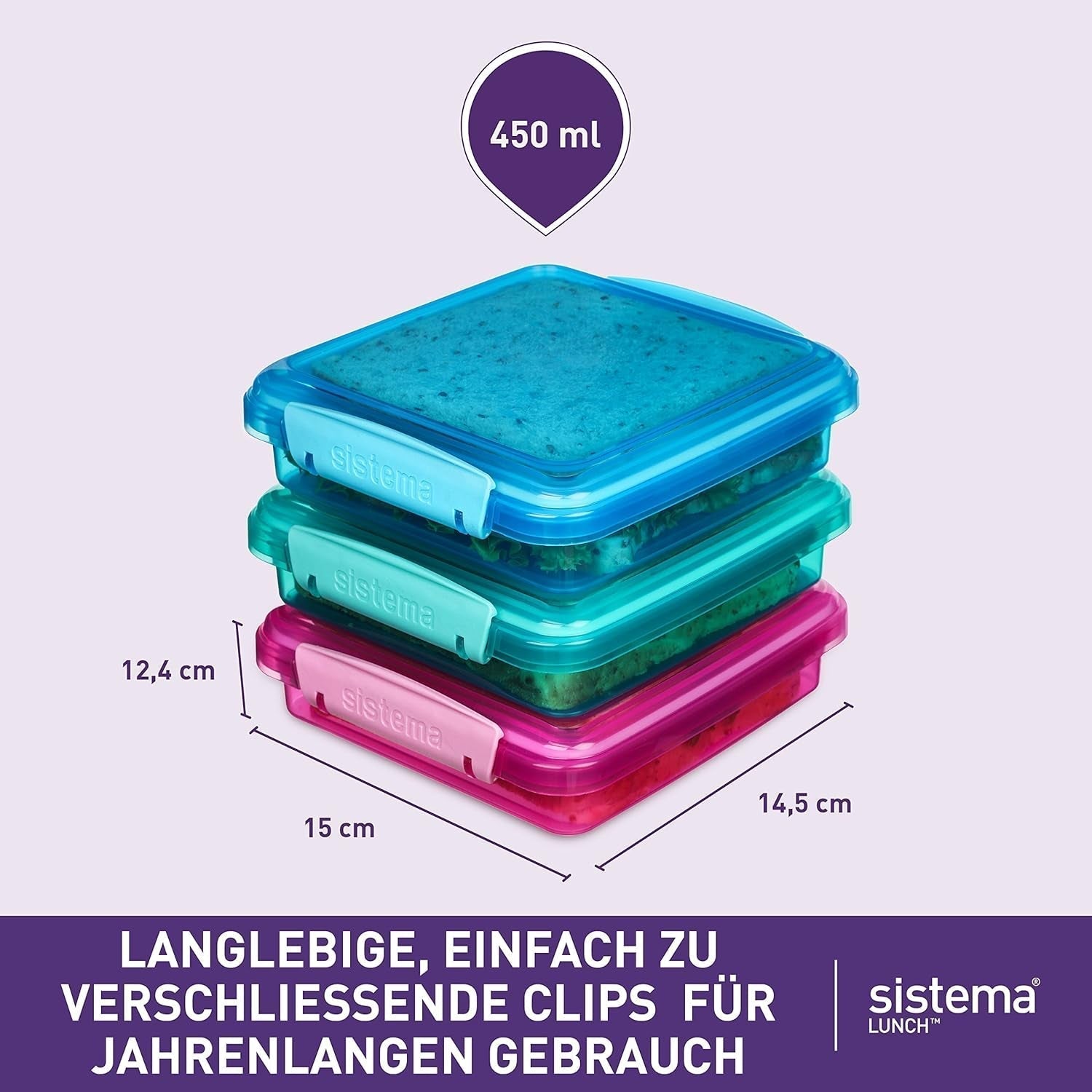 Matlåda smörgås box system | 450 ml | stapelbar och lufttät matlåda med lock | för barn och vuxna | utan BPA | blandade färger | 3 st Naty Shop matförvaringslådor