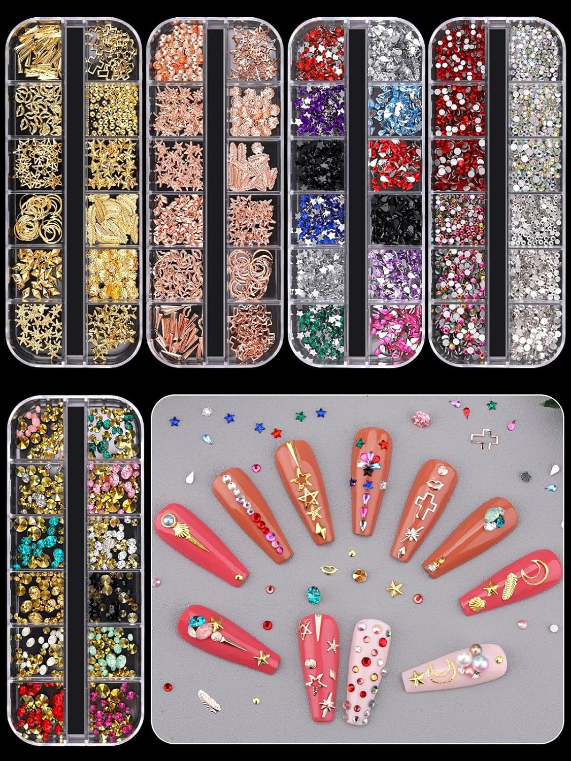 EBANKU Nail Art Strass Kit Multi Design Zubehör Mit 1 Pinzetten 1 Stück Wachsstifte Deko Diamanten Kristalle Perlen Edelsteine ​​Bunt Pferdeaugen Strass Metall Nieten Für Nagel DIY (1 Stück (10Er Pack))
