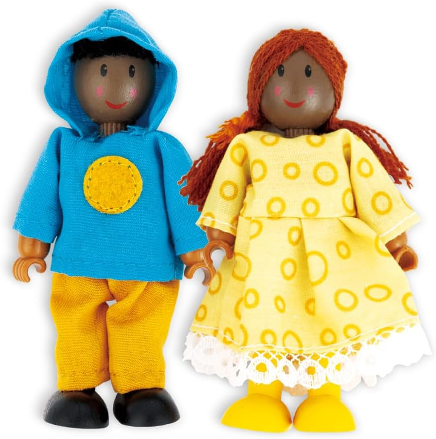Hape Doll Family - 6 delar mörkt läder dockhustillbehör set med trä- och tygfigurer, låtsaslek, pedagogisk leksak, interaktiv inlärningsleksak för barn från 3 år och uppåt