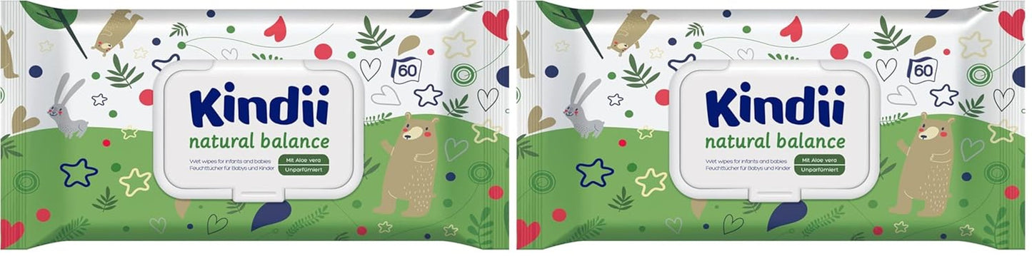 Kindii Natural Balance våtservetter för bebis – (1 x 60 st.) Våtservetter för bebisar och barn – Skyddande, Aloe Vera, Delikat doft – 60 st.