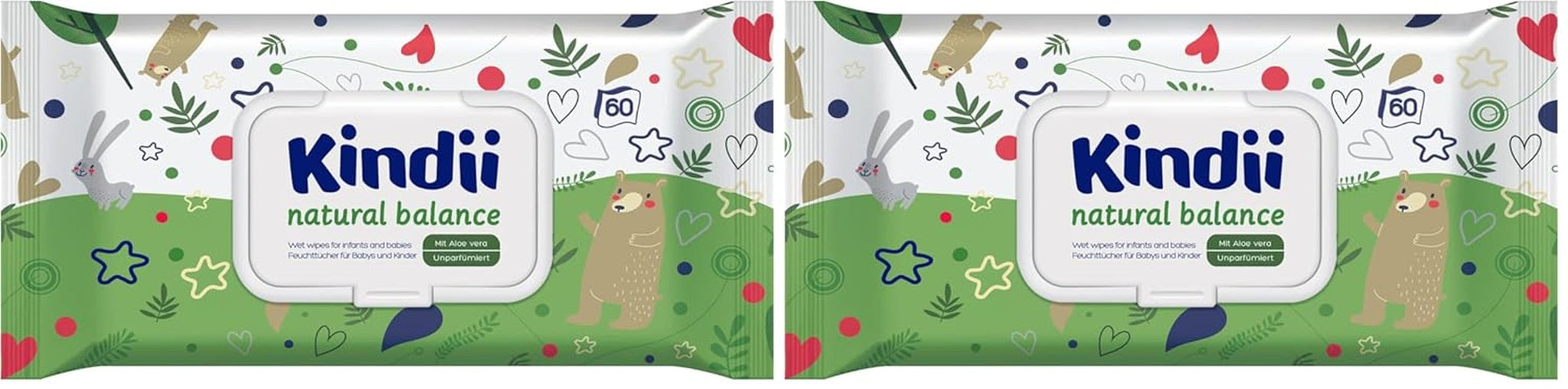Kindii Natural Balance våtservetter för bebis – (1 x 60 st.) Våtservetter för bebisar och barn – Skyddande, Aloe Vera, Delikat doft – 60 st.