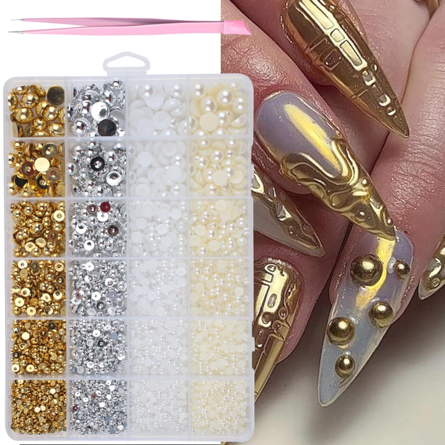 GZMAYUEN 920st Guld Silver Flatback Perlen Für Nägel, Halbrunde Weiße Beige Nail Perlen, Kleine Halbrunde Flatback Perlen Für DIY Nail Art Decor